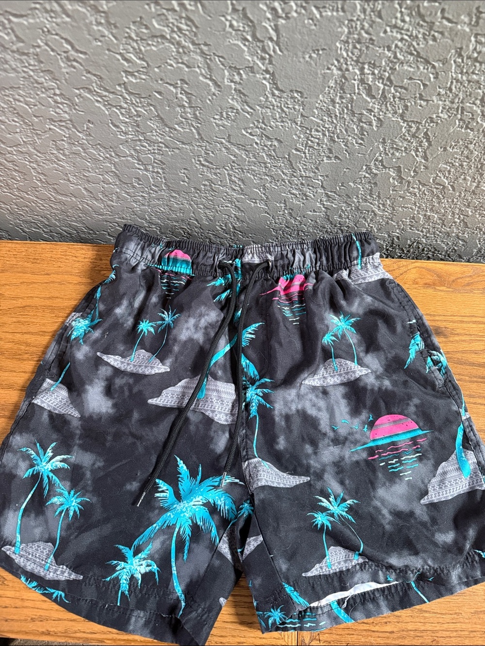 Burnside Tropical Palm Print Swim Shorts - Black with Teal & Pink. Boys M